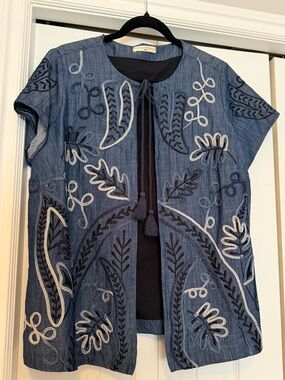 eshakti Denim Embroidered Open Jacket in Blue